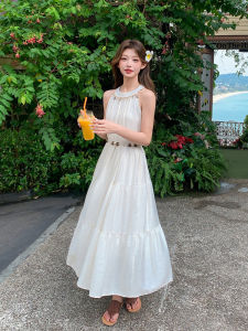 Elegant Ladylike Long Neckline Slimming White Moonlight Dress Korean Style A-Line Skirt No-Sleeve Summer Fashion Dress