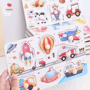 Knob Puzzle Board Medium | Wooden Puzzle Gagang Knop Kayu | Puzzel Angka Number / Bentuk Geometri Shape / Hewan Binatang Serangga Dinosaurus / Transportasi Kendaraan / Buah Sayur Sayuran | Mainan Edukatif Edukasi Anak Balita Kenop Handle Peg Grip Pegged