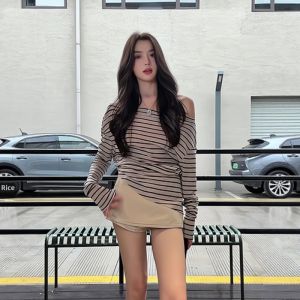 VKSOD | Korean Style Striped Long Sleeve T-Shirt Womens Slim Fit Half Skirt Pants Two-Piece Set Fashionable Shoulder Slanting Design
