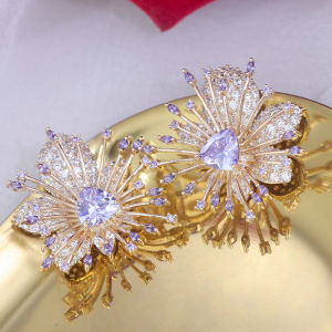 New Purple Flower Stud Earrings S925 Silver Needle Embedded Zirconia Fashionable Elegant Dress Jewelry Womens Fashion Accessories