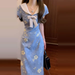 HUAYILING | Váy ngắn tay màu xanh phong cách Trung Hoa mới cho nữ mùa hè Váy dài ôm sát eo cao họa tiết hoa polyester thường ngày