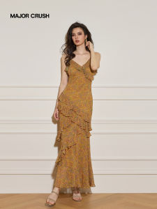 Soft Golden Floral Maxi Dress With Ruffle