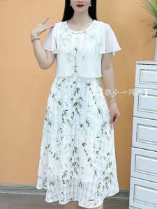 ชุดเดรสผ้าชีฟองลายดอกไม้สไตล์จีนใหม่ กระโปรงทรงเอ แขนสั้น คอตั้ง ความยาวปานกลาง ชุดทำงานฤดูใบไม้ผลิและฤดูร้อน