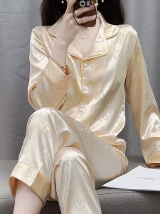 Bộ Đồ Ngủ Lụa Băng Mùa Hè Cho Nữ Tay Dài Quần Dài Mặc Nhà Phong Cách Hàn Quốc Cao Cấp Màu Sâm Panh Bộ Đồ Ngủ Lụa Băng