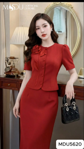 Set Váy MDU5620 Chất Xước Thái Cao Cấp Với Hoa Phối Lụa Twist Satin Đính Liền Ở Cổ Áo Từ MDU