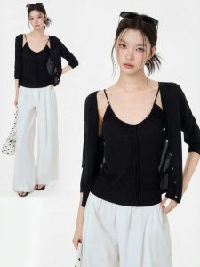 Knitted Black Sun-Protective Cardigan and Camisole Set