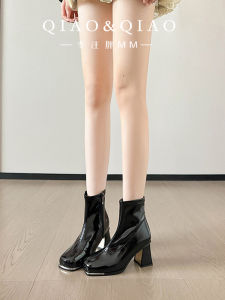Black Patent Leather Thick Heel Short Boots for Women Square Head Wide Calf High Heels Large Size Korean Style Fashion Boots