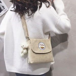 Korean Style Canvas Corduroy Crossbody Bag Womens Messenger Bag Zipper Closure Solid Color Leisure Soft Shoulder Bag
