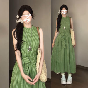 LIRENQING | Elegant French Green Striped Sleeveless Long Dress