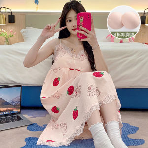 Sweet Summer Lightweight Cooling Womens Sleepwear with Chest Pad Halter Neck Home Clothes Can Be Worn outside Short Sleeve Midi Dress