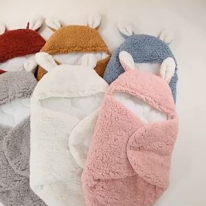 Selimut Bedong Bayi Praktis Lucu 0-6 bulan Bahan Bulu Domba Motif Kelinci