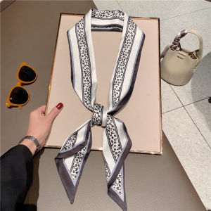 Trendy Leopard Print Double-Sided Silk Scarf Womens Spring Autumn Fashionable Bag Tying Hairband Decorative Long Rectangle Scarf