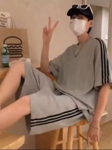Setelan Wafel Setelan Olahraga Setelan Lengan Pendek Setelan Luar Ruangan Setelan Lengan Pendek Manset Lengan Pendek Setelan Santai Pria Korea Setelan Longgar