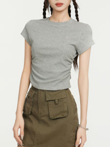 Grey Short Sleeve T-Shirt Women Summer Slim Fit Waist-Cut Shoulder Straight Style Commute Fashion Short Length round Neck Top