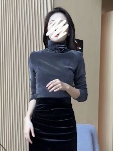 Elegant Velvet Base Shirt Womens Half High Collar Inner Wear Top with 3D Flower Design Commute Style Long Sleeve Loose Fit