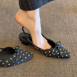 FANGXI | Goat Leather French Polka Dot Bow Ankle Strap Block Heel Shoe