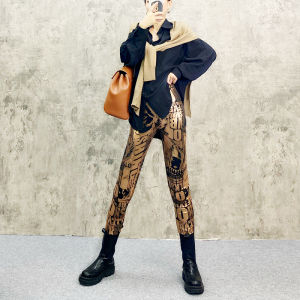 Womens High Waist Elastic Bottom Pants Letter Print Electroplated Metal Color Graffiti Loose Fit Nine Point Milk Silk Polyester Fiber