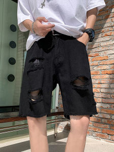 Black Frayed Hole Denim Shorts Mens Design Summer Poor Five-Point American High Street Medium-Length Cotton Polyester Shorts
