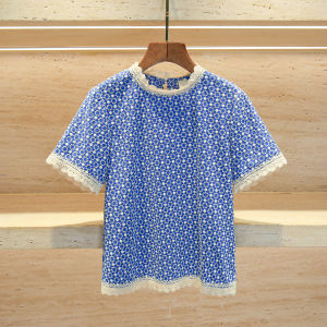 Elegant Hollow out Lace Trim Printed Shirt T-Shirt Top for Women Summer Casual Loose Fit round Neck Short Sleeve AL1996
