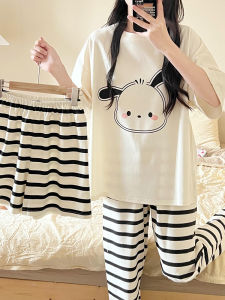 ชุดนอนผู้หญิงผ้าฝ้ายแท้แขนสั้นกางเกงขายาวลายการ์ตูนน่ารัก ชุดนอนหลวมๆ สำหรับนักเรียน ชุดนอนสบายๆ สำหรับใส่อยู่บ้าน