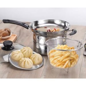 3 in 1 Cooking Multi-Function Pot Stainless Steel Steam Deep Frying Cooking Pot With Boil Basket 22cm