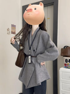 Gray Collared Knitwear Outerwear Womens Autumn Winter Loose Fit V-Neck Long Sleeve Sweater Coat Sweet Style Premium Feel Slimming