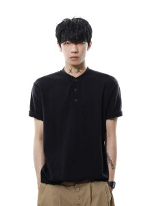 MRNEARLY American Retro Henry Collar Short Sleeve T-Shirt Men Summer CleanFit Casual Knitted Top Trendy Loose Fit Youth Popular