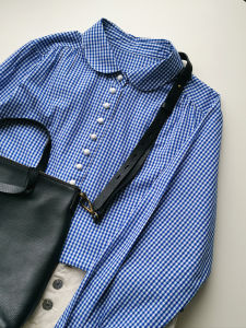 Blue Plaid Cotton Shirt Womens Basic Loose Style Inner Wear Casual Long Sleeve Polo Collar Regular Length Patterned Top