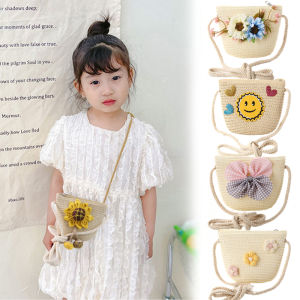 Girls Flower Shoulder Bag Mini Cute Woven Shoulder Straw Bag Kids Sling Bag Straw Handmade Woven Bag Coin Purse