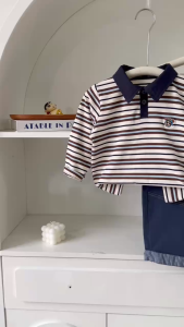 Set bộ dài tay bé trai áo polo họa tiết kẻ thêu Dog phối quần dài denim 11 tới 28kg BERNIE V0426B37