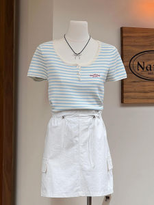 Áo Thun Tay Ngắn Dệt Kim Màu Xanh Sọc Cổ Chữ U Cho Nữ Mùa Hè Thiết Kế Nhỏ Gọn Vai Áo Ngắn Thường Ngày