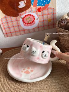 Cute Cat Mug with Dish Ceramic