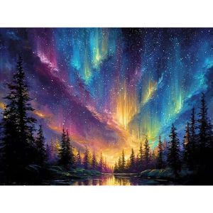A Box of (A) Adult Puzzles Featuring a Forest And Lake Design Under The Aurora - Scratch-Resistant Challenging Suitable for