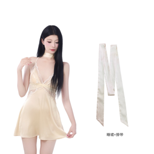 Đồ Ngủ Ren Gợi Cảm Poppaea Pure Desire Ice Silk Bandeau Home Clothes Có Đệm Ngực Đồ Ngủ Mùa Hè Cho Nữ Đồ Ngủ Ngắn Cổ Chữ V