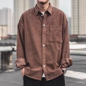 Retro Japanese Style Long Sleeve Corduroy Shirt Mens Spring Autumn Loose Wear Resistant Workwear Jacket Youth Fashion