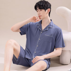 miiow | Mens Summer Sleepwear Ice Silk Loose Short Sleeve Shorts Home Clothes Breathable Comfortable Casual Youth Polyester Blend