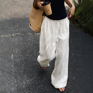 White Cotton Linen Loose High Waist Straight Leg Pants Women Summer Thin Wide Leg Pants Casual Comfortable Long Trousers