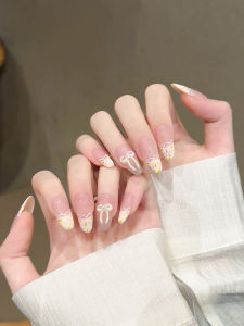 Cloud Pale Pink Gradient Butterfly Knot Wearable Nails Handmade Advanced Feeling False Nails Complete Set Nail Art Stickers