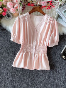 2023 New Arrival Chiffon Small Shirt Womens Short V-neck Pink Shirt Womens Stylish Niche Style French Puff Sleeve Top