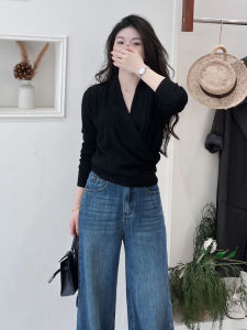 French V-Neck Cross Long Sleeve Knitted Sweater Womens Autumn Winter Slimming Base Shirt Casual Style Fashion Design