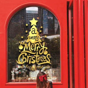New Year Christmas Tree Stickers Waterproof Glass Door Decorations Festive Window Decals Shop Business Holiday PVC Wall Mural
