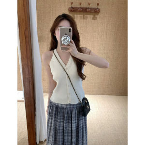 YUEZHONGWEI | Red Ice Silk Knitted Strap Vest Women Summer Outwear Unique Beautiful Dopaamine Slim Fit Sleeveless Top V Neck Single Button