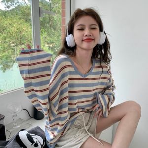 Loose Fit V-Neck Long Sleeve T-Shirt Knitwear Womens Autumn 2025 New Style Comfortable Lazy Style Striped Color Block Top