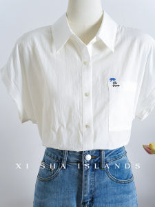 Casual Loose Cotton Short Sleeve Shirt Womens Summer 2025 Top Korean Style with Pocket Embroidery Versatile Collar Casual Shirt