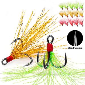 5Pcs 10Pcs Fishing Treble Hooks 4X Strength With Feather Tackle Fishing Hook Stronger Carbon Steel Barbed Fishhooks Pesca