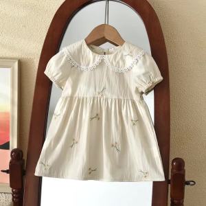 Melario | Summer Beige Sweet and Cute Doll Collar Bubble Sleeves Flower Embroidery Princess Dress for Girls Casual Clothes Korean Version
