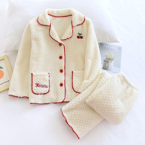 Milky White Cherry Childrens Autumn and Winter Thickening Thermal Flannel Pajamas Girls  Matching Coral Fleece Homewear