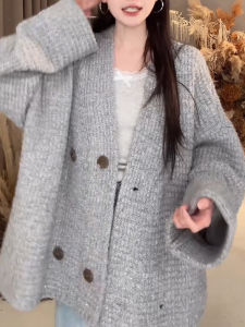 Idle Style Gray Double Breasted Sweater Cardigan Womens Autumn and Winter New Design Sense Loose V-neck Knitted Jacket Tide