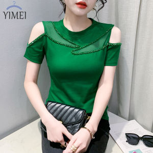 YIMEI Áo Thun Ngắn Tay Bó Sát Hở Vai Gợi Cảm Áo Thun Nữ Đẹp Chất Lượng Cao Mới Mùa Hè 2023 Áo Đính Cườm Màu Xanh Lá Cây Tây