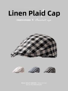 BILLI ZILLY | Cotton Linen Plaid Breathable Casual Womens Hat Summer Small Duckbill Cap Retro Japanese Style Newsboy Hat Travel Cap